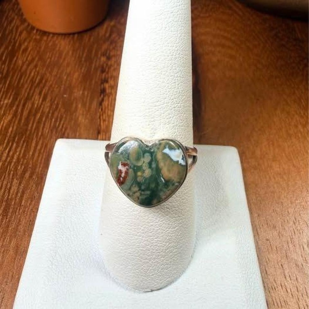 Ocean Jasper Heart Ring - Size 9 - .925 sterling silver.